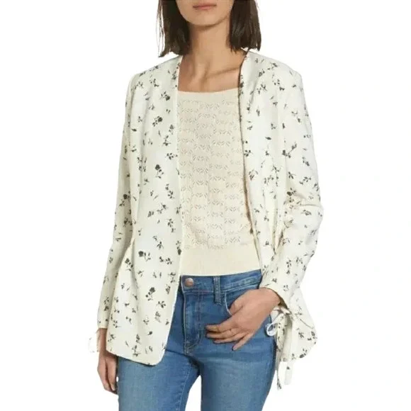 Hinge Blazer Ivory Cotton Floral Tie Long Sleeve Open Front Jacket - Picture 2 of 8